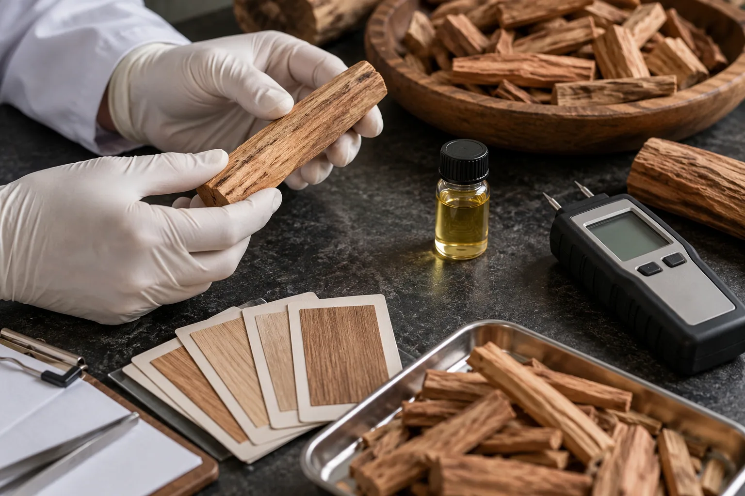 Technician inspecting custom sandalwood programs at a quality desk